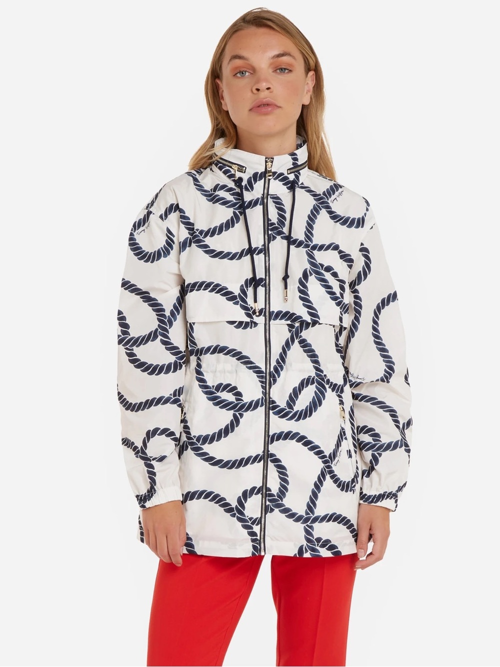 Nautical Rope Print Zip-Front Jacket - White & Navy